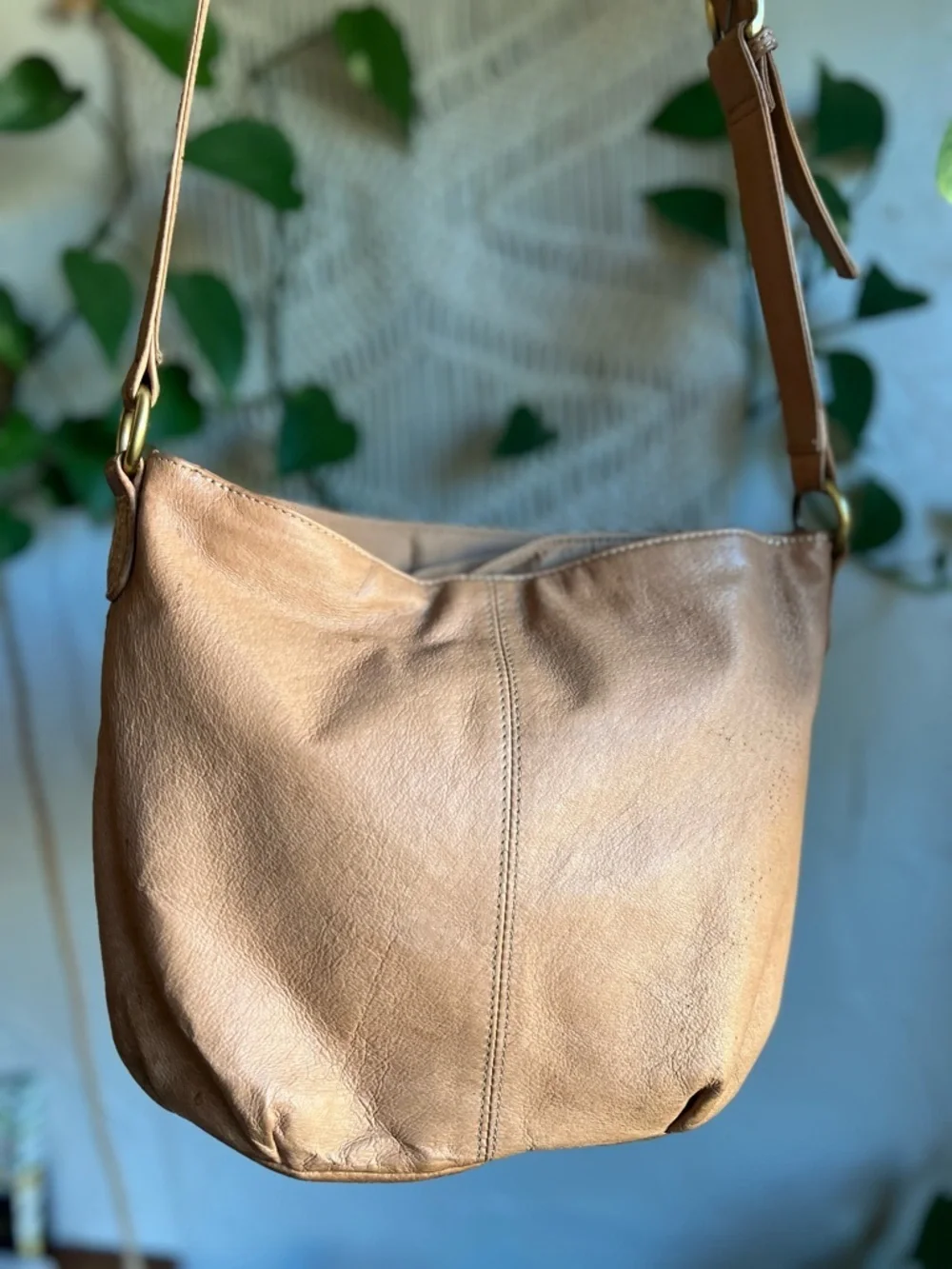 Vintage Boho Crossbody Bag Brown Patchwork Tooled Leather Style Slouchy Purse